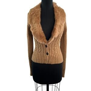 Y2K Gen Z XOXO Collection Beige Cardigan Sweater Cable Fur Shawl Collar Medium M